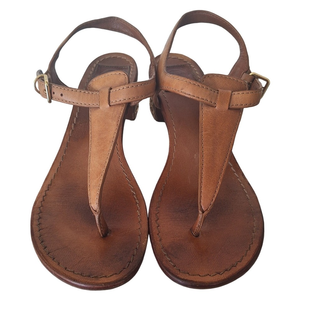Tory Burch Brown Leather Thong Sandals Block Heel Logo Cutout Sz 7M
